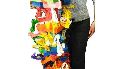 Colorful multi-textured parrot toy, ideal for entertainment, showcasing the best toys for Cockatoos.