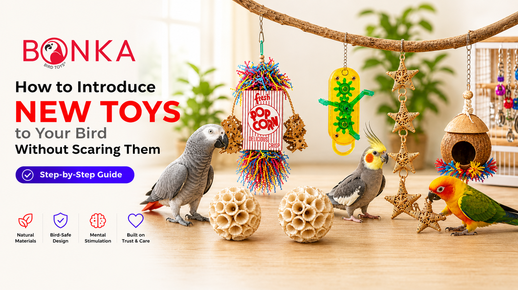 How to Introduce New Toys to Your Bird Without Scaring Them with colorful birds playing with new toys.