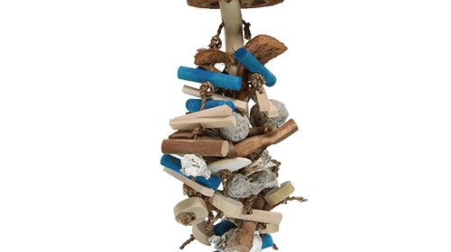Colorful 3658 large tiki bird toy hanging, made of wood and natural materials for birds to enjoy.
