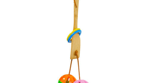 3668 Paddle Chew toy for birds with colorful hanging balls and wooden handle.