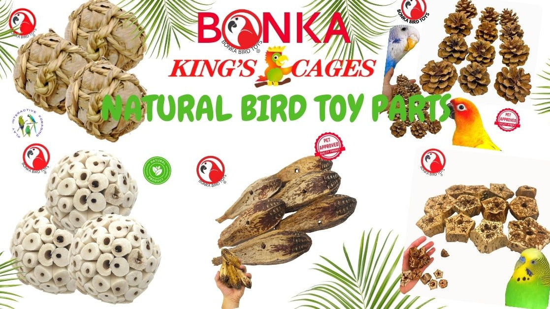 Bulk natural bird toy parts featuring various natural materials and components for bird toys.