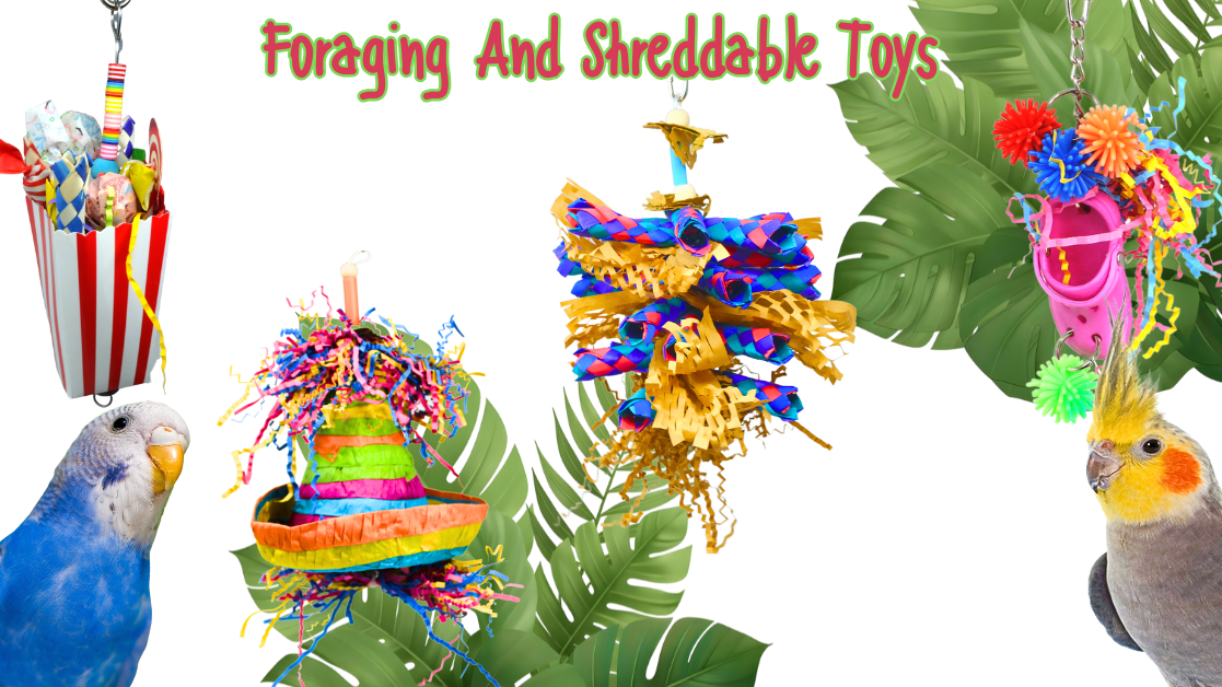 Foraging & Shreddable Bird Toys displayed among colorful tropical leaves and birds.