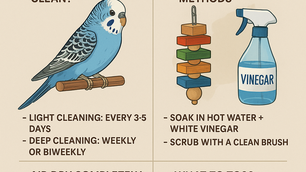 How to Clean and Sanitize Your Bird’s Toys Properly infographic with cleaning tips and methods.