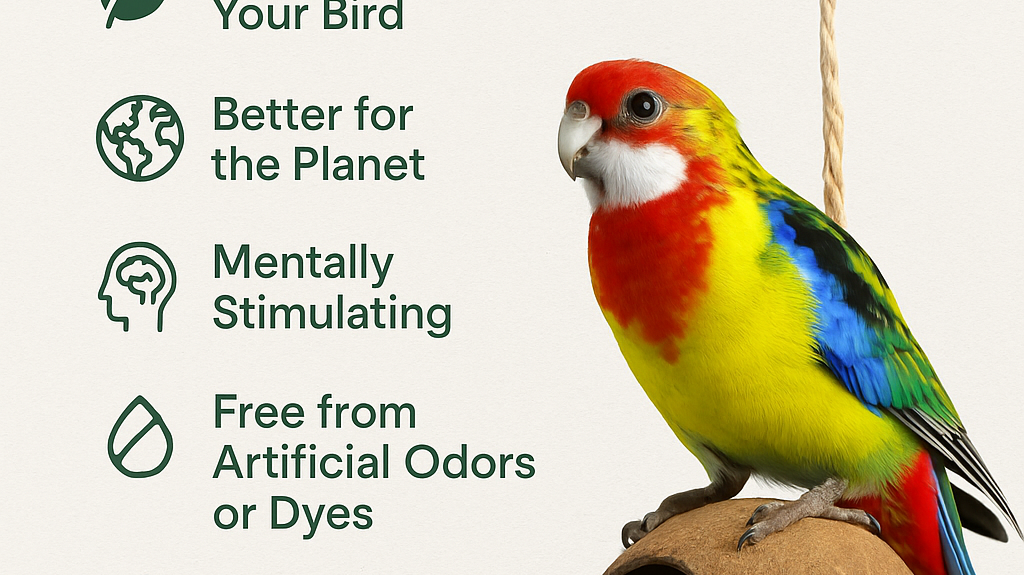 Eco-Friendly Bird Toys: Why Natural Materials Matter with a colorful parrot and natural materials illustrated.