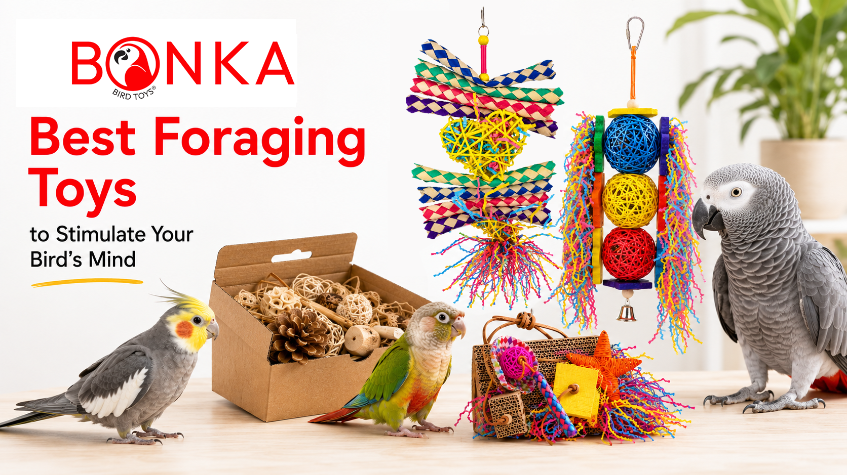 Best Foraging Toys to Stimulate Your Bird’s Mind with colorful bird toys and playful birds.