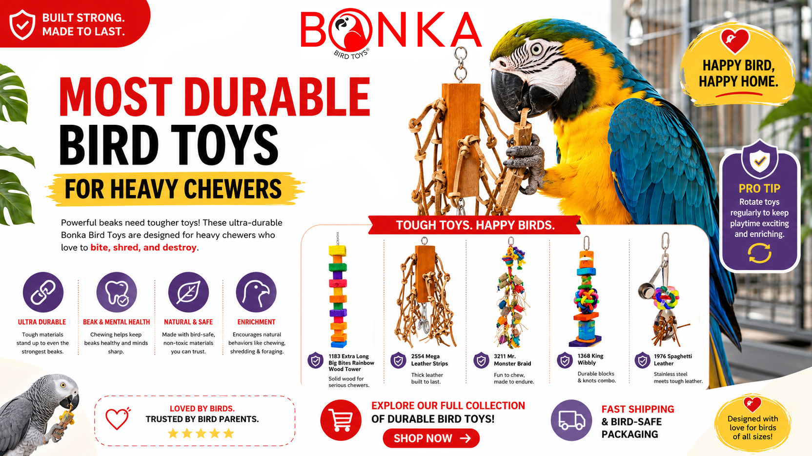 A colorful banner showcasing durable bird toys for heavy chewers, featuring different types of toys and a macaw interacting with them.