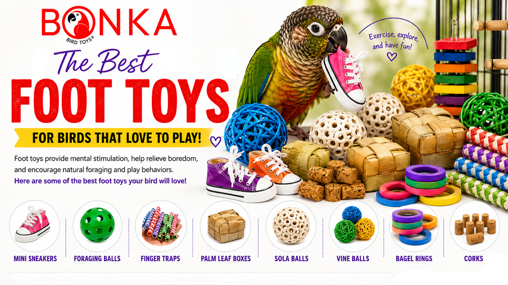 Foot toys for playful birds including mini sneakers and foraging balls.