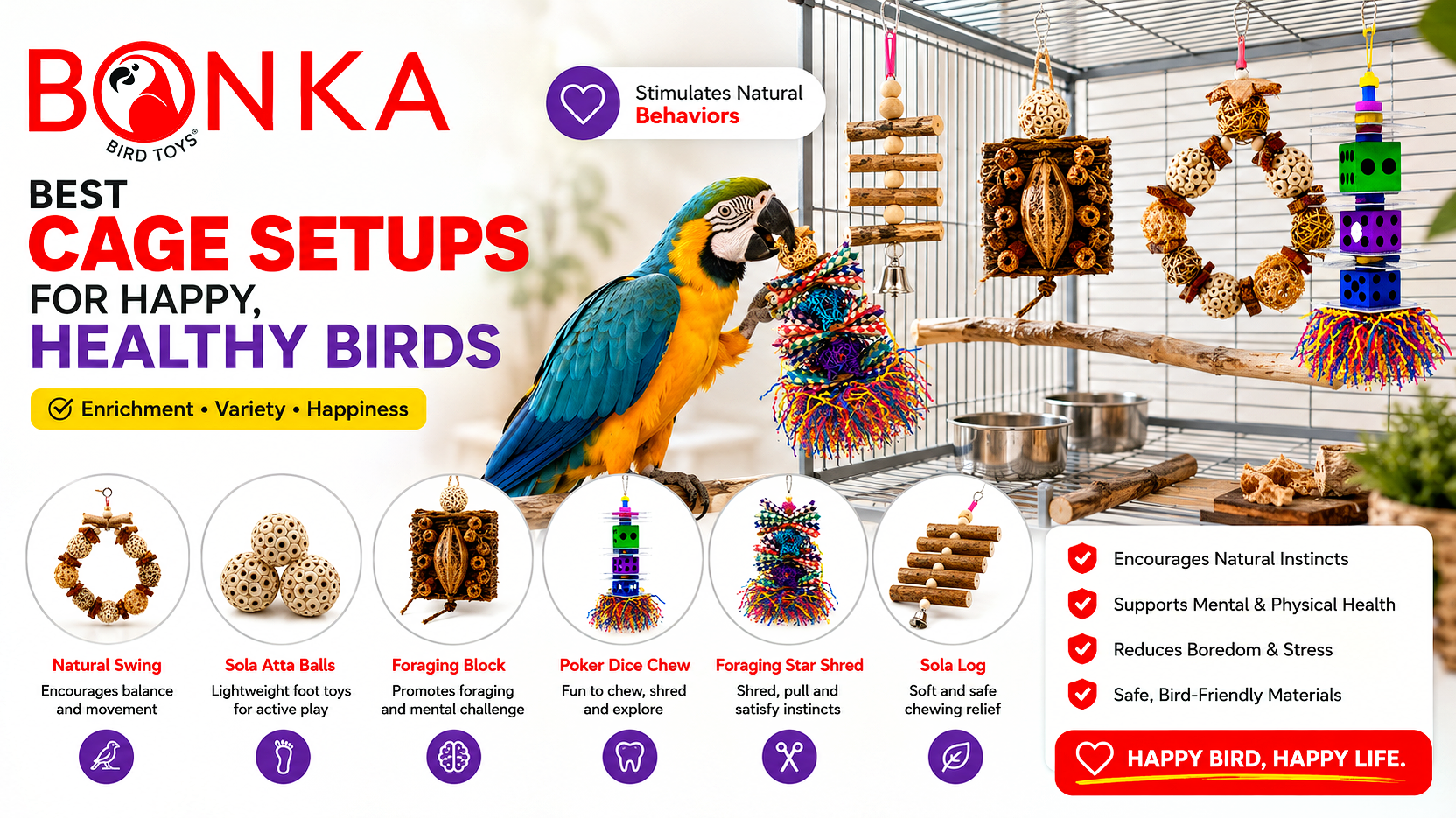 Colorful bird toys and setups for the best cage setups for birds, promoting happiness and health in pet birds.