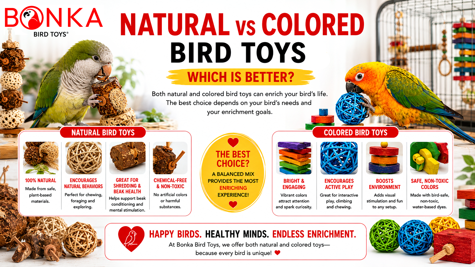 Natural vs colored bird toys comparison infographic showcasing benefits of each type.