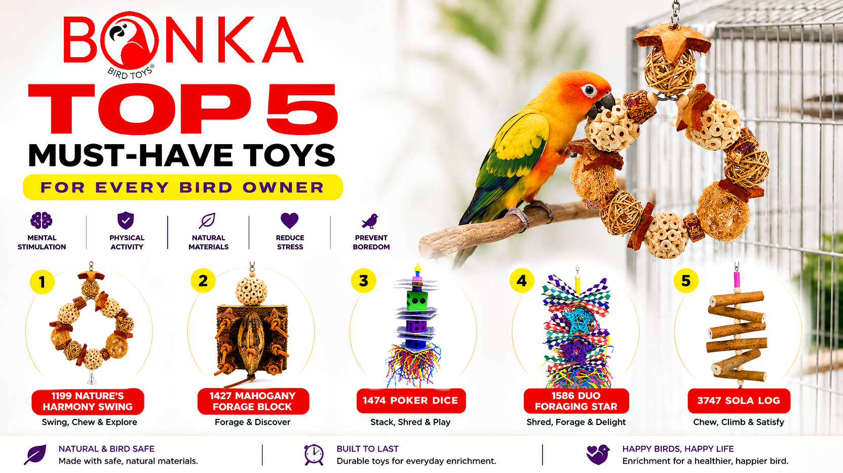 Top 5 Must-Have Toys for Every Bird Owner showcased with colorful toys and a bird enjoying playtime.