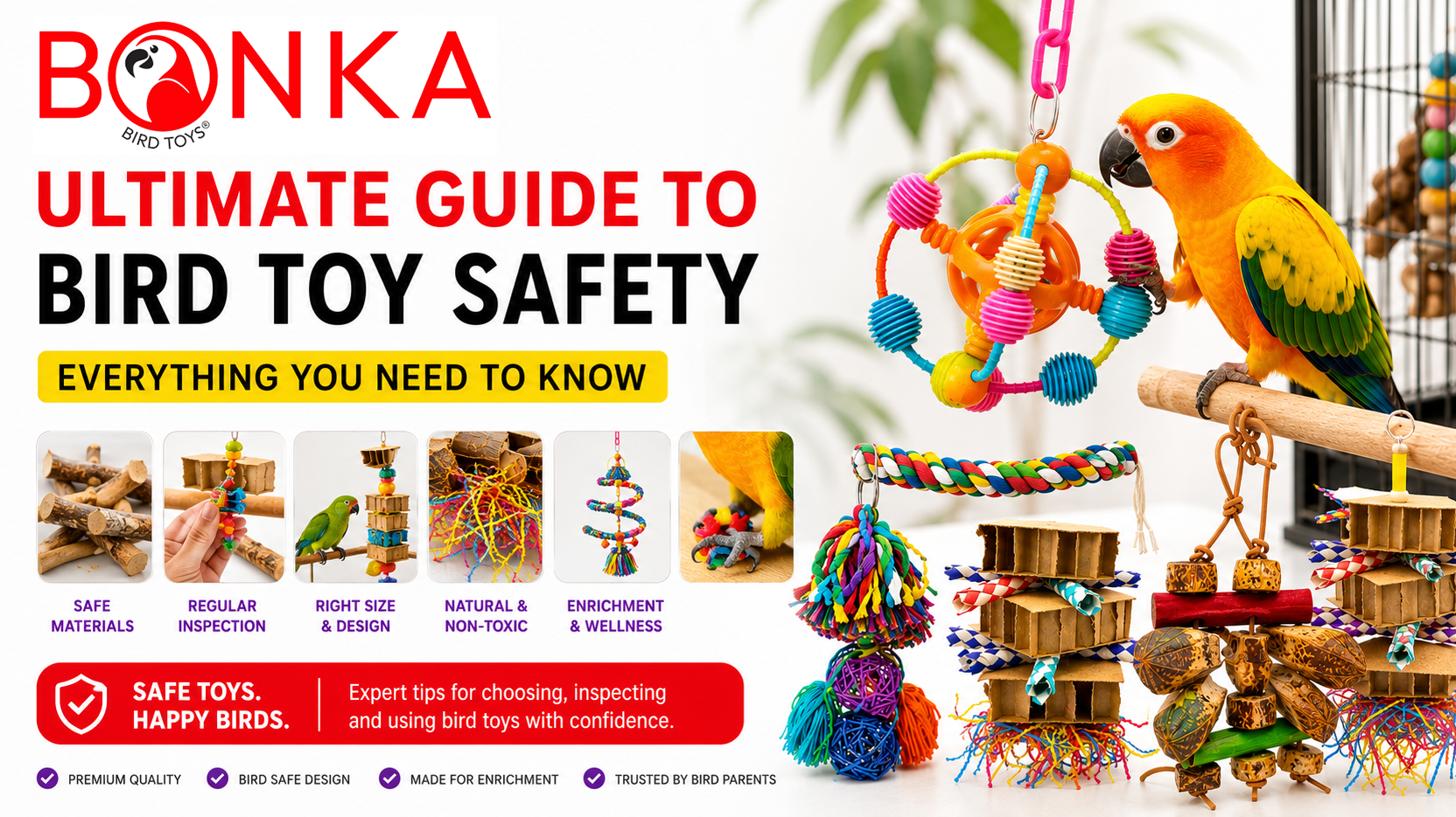 bird toy safety guide featuring various safe bird toys and a parrot