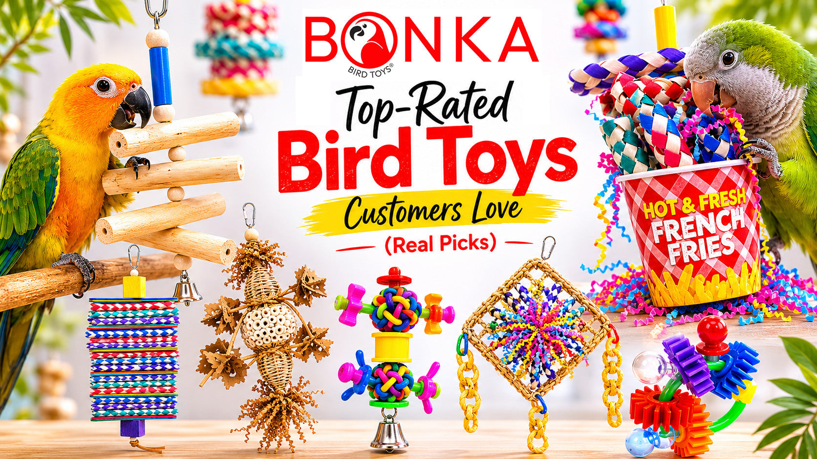 Top-Rated Bird Toys Customers Love displayed with colorful bird toys and birds enjoying playtime.