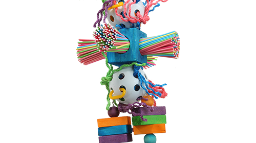Huge Willy Sticky bird toy featuring colorful, vibrant hanging elements for bird play and mental stimulation.