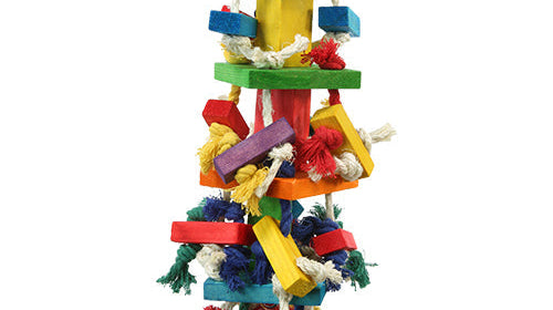 Colorful 3646 large block tower bird toy with wooden blocks and ropes for fun and enrichment.