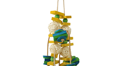 Colorful 3665 Chip Chewy bird toy hanging with natural materials for playful birds.
