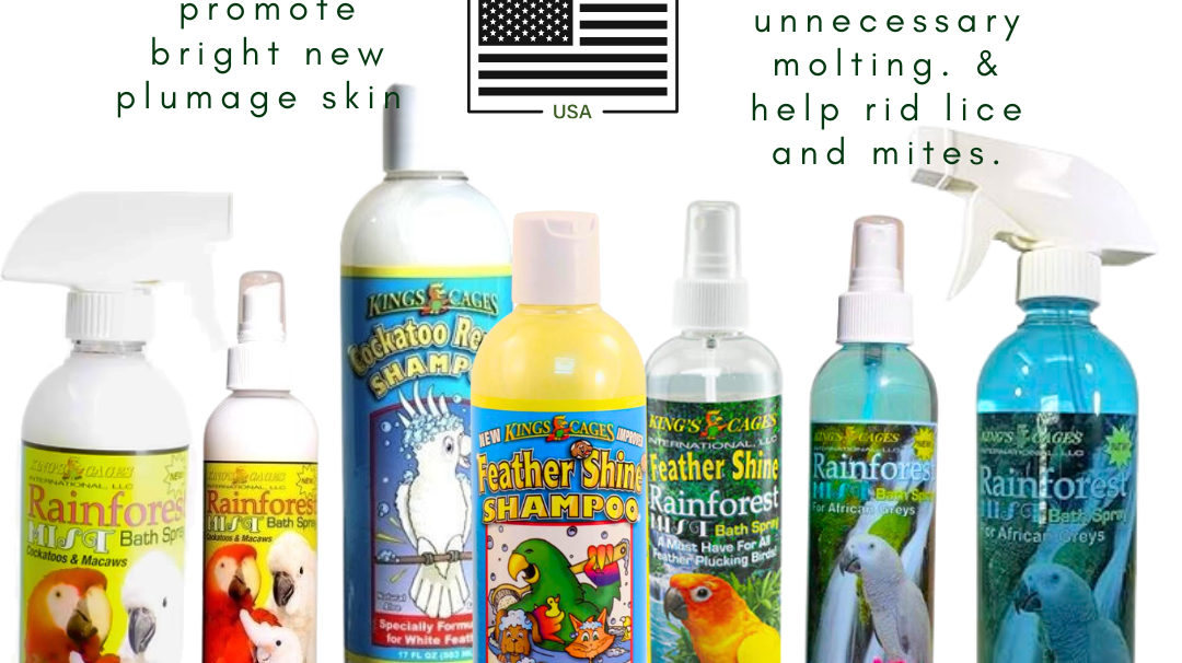 Bath sprays for bird plumage showcased in various bottles, promoting healthy feathers and skin.