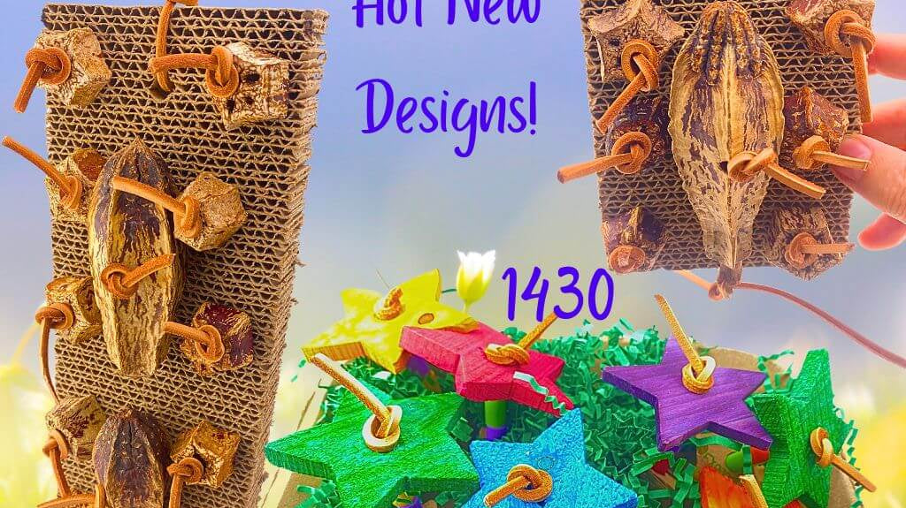 2025 bird foraging chew toys displayed on a colorful background, showcasing fun and engaging designs.