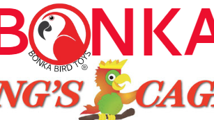 How Bonka Bird Toys Are Made: Logo of Bonka Bird Toys and King's Cages in colorful design.