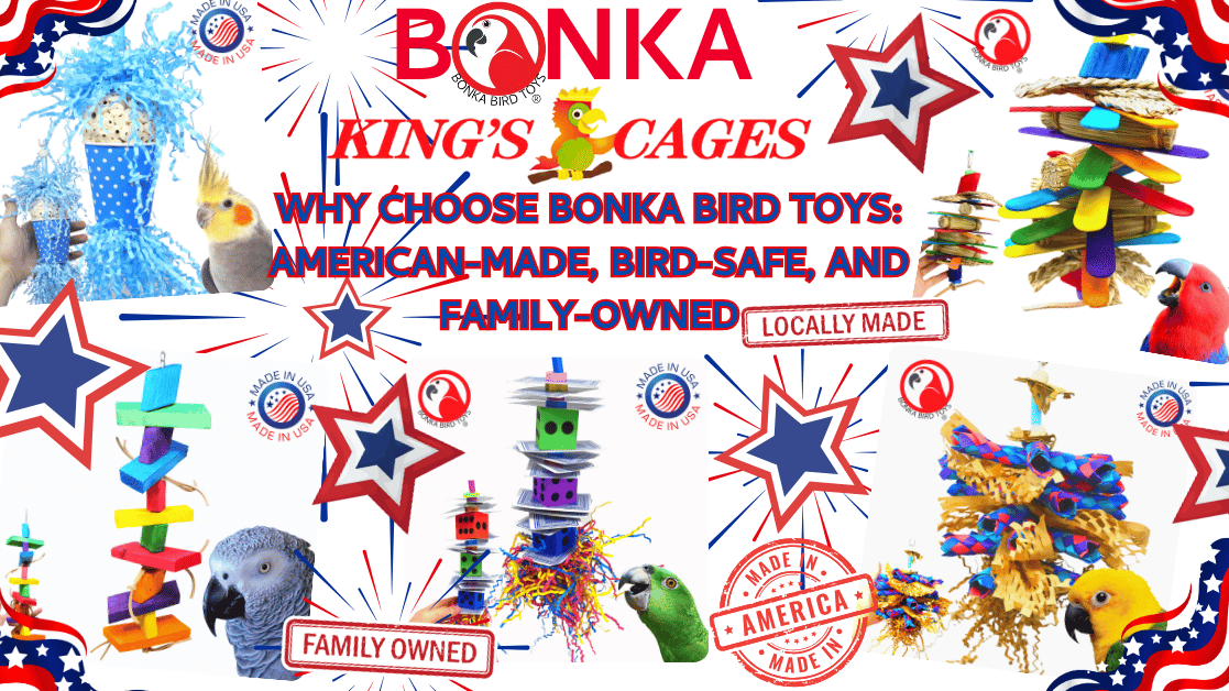 Colorful display of Bonka's American-made bird toys for pets and avian enthusiasts.