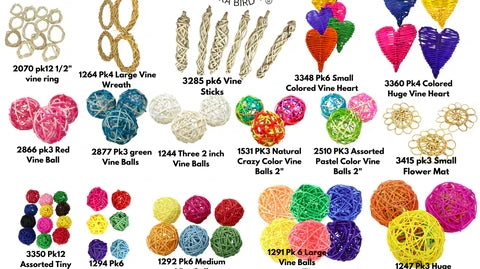 Vine collection of wicker and vine bird toys featuring various sizes and colorful options for bird playtime.