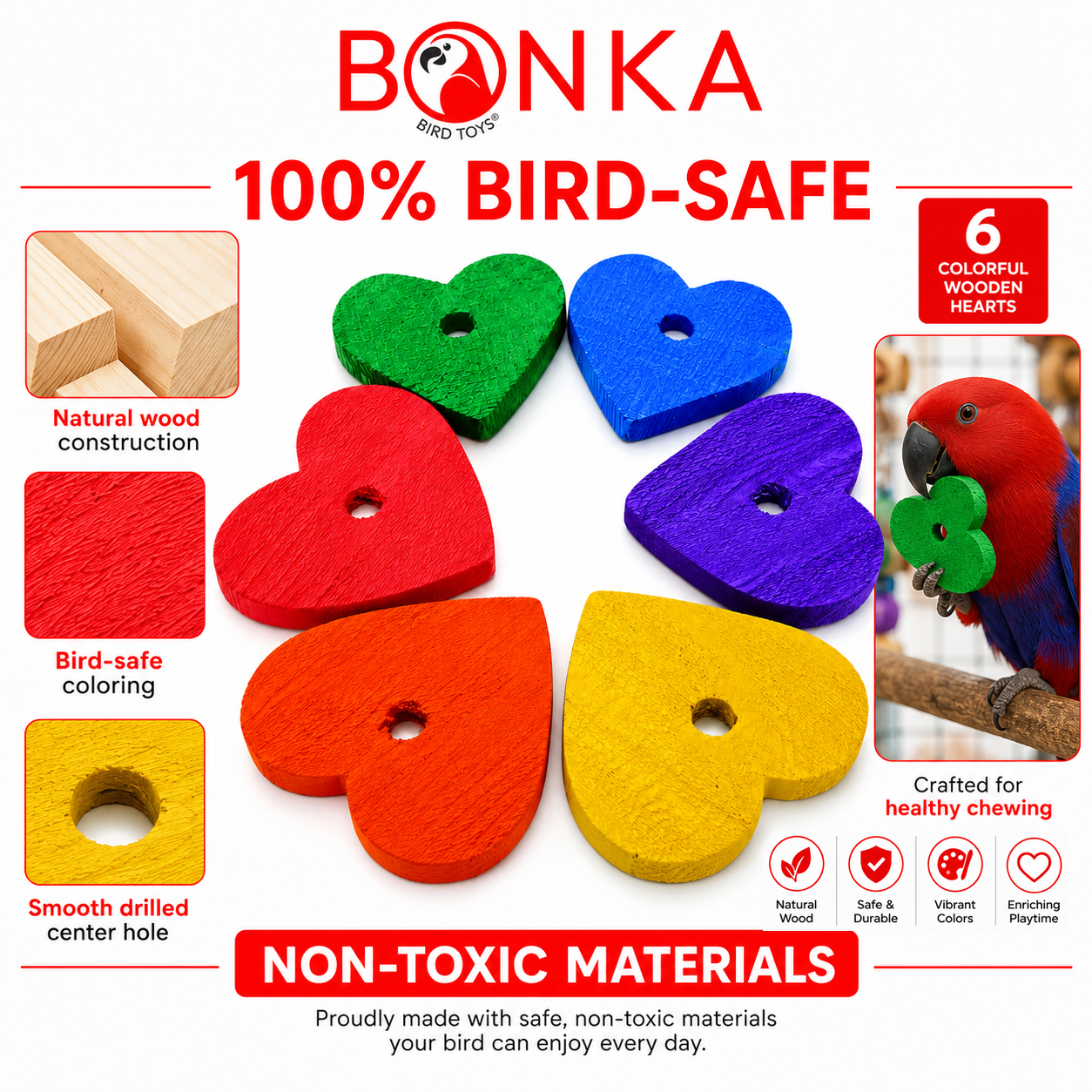 Colorful wooden heart bird toys for healthy chewing, made with natural wood and bird-safe coloring
