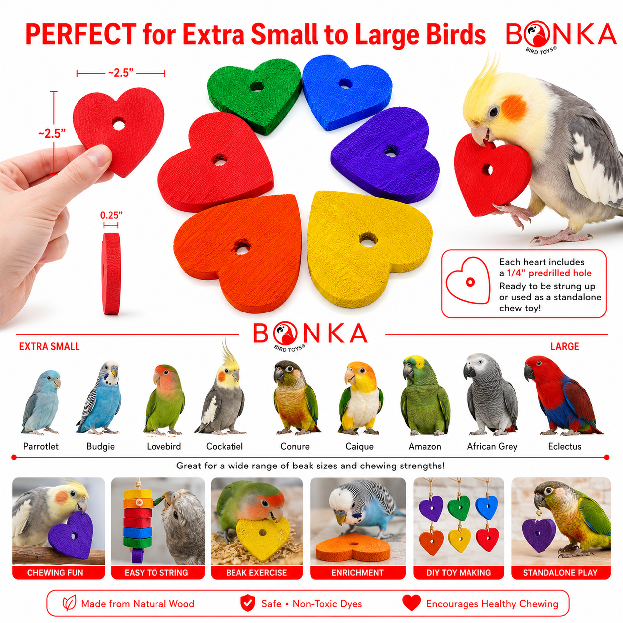 Colorful wooden heart bird toys for parrots, made from natural wood, safe for chewing and beak exercise.