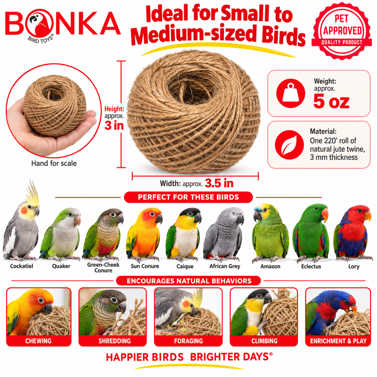 1330 Natural Twisted Jute String Rope 220 ft ball about 3 in high and 3.5 in wide, with a hand for scale and bird icons