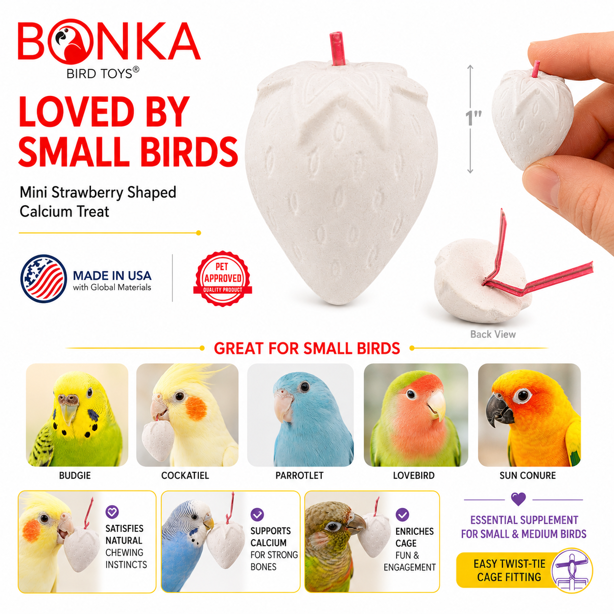 Mini strawberry-shaped calcium bird toy for small birds, white with red stem, satisfies chewing instincts
