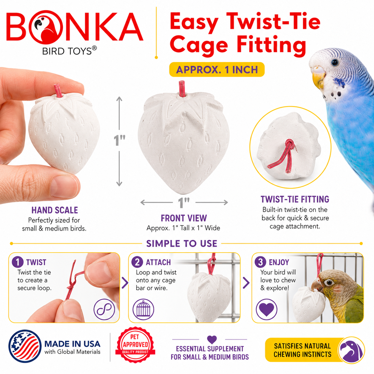 White strawberry-shaped bird toy with twist-tie fitting for small parrots, made in USA, natural chewing enrichment