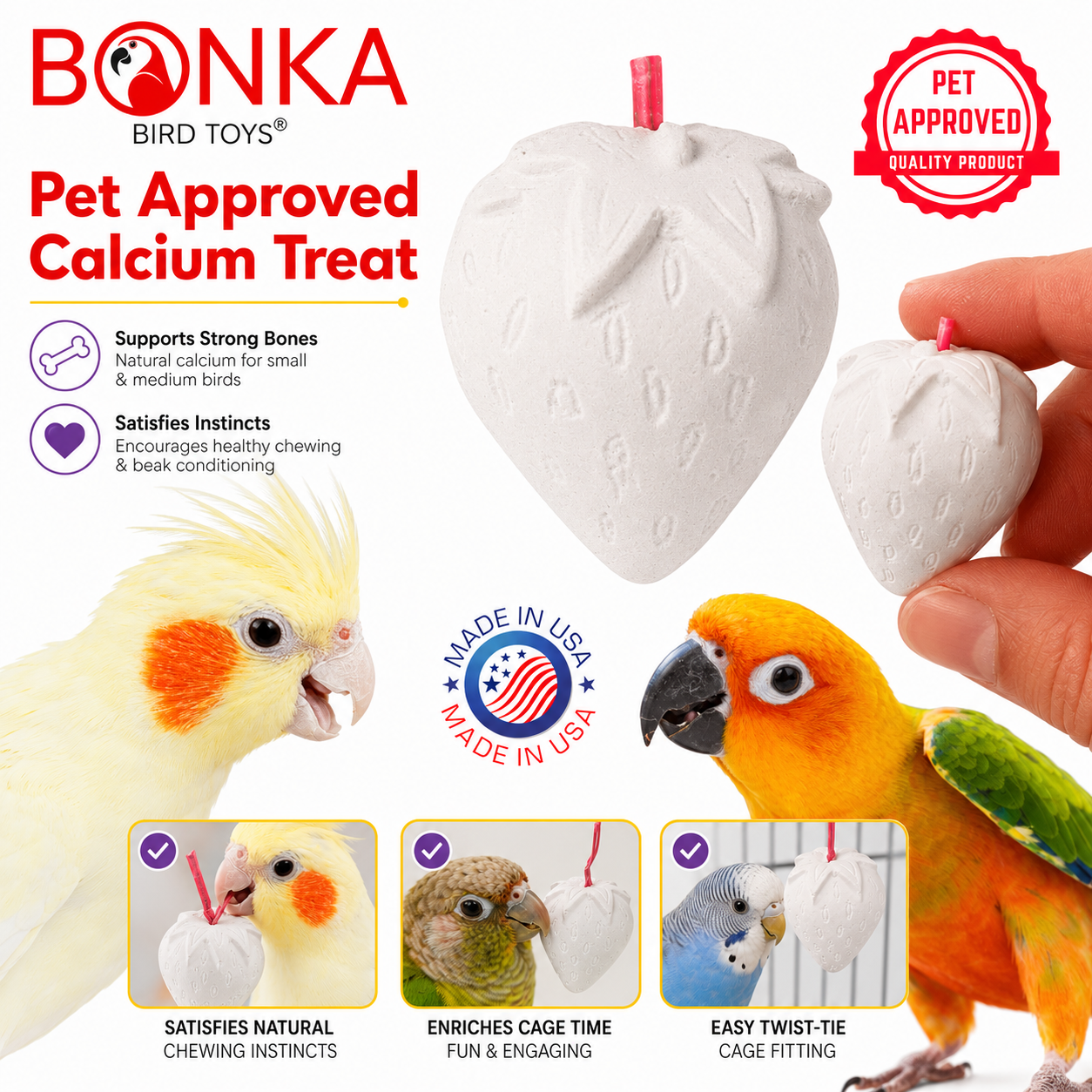 Strawberry-shaped calcium bird toy for parrots, supports chewing instincts, made in USA, pet approved