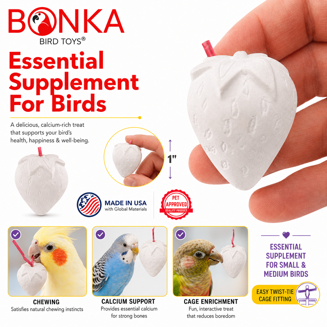 White strawberry-shaped bird toy for chewing and calcium support, fits small to medium parrots