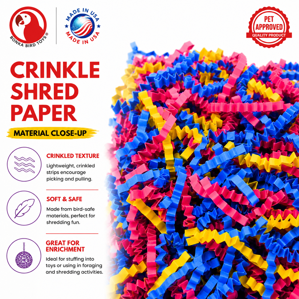 Colorful crinkle shred paper for bird enrichment, safe for parrots, pink blue yellow strips for shredding and foraging