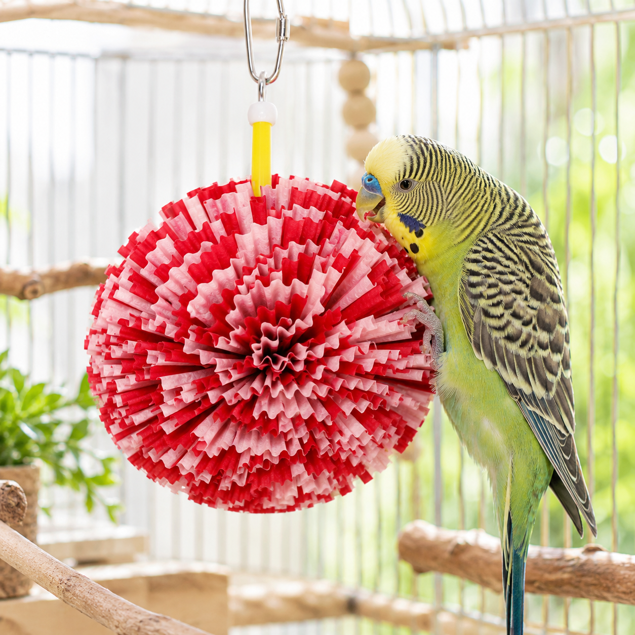 Red Paper Puff Bird Toy hanging in a parrot cage