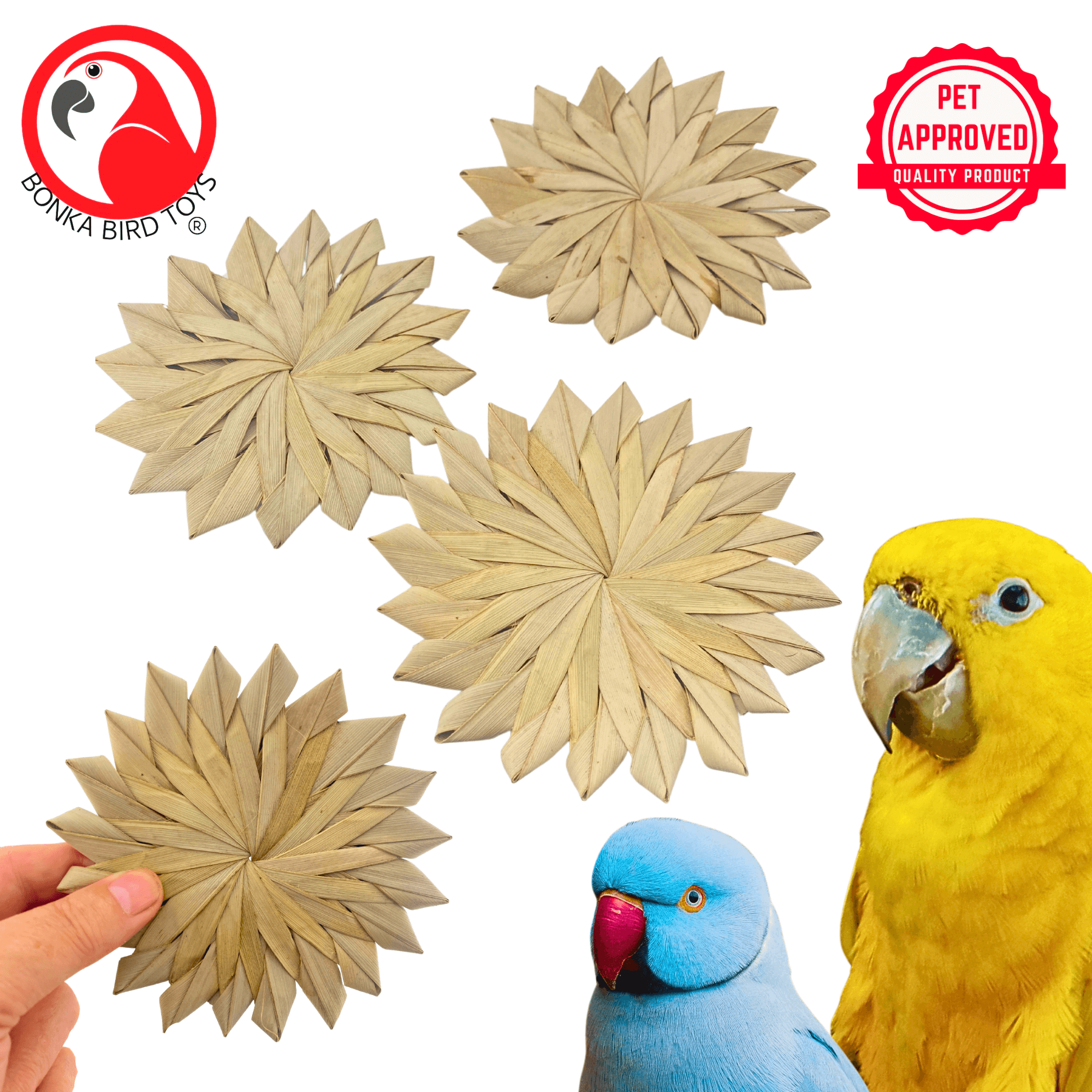 3347 Pk3 Large 4" Woven Palm Leaf Flowers - Bonka Bird Toys