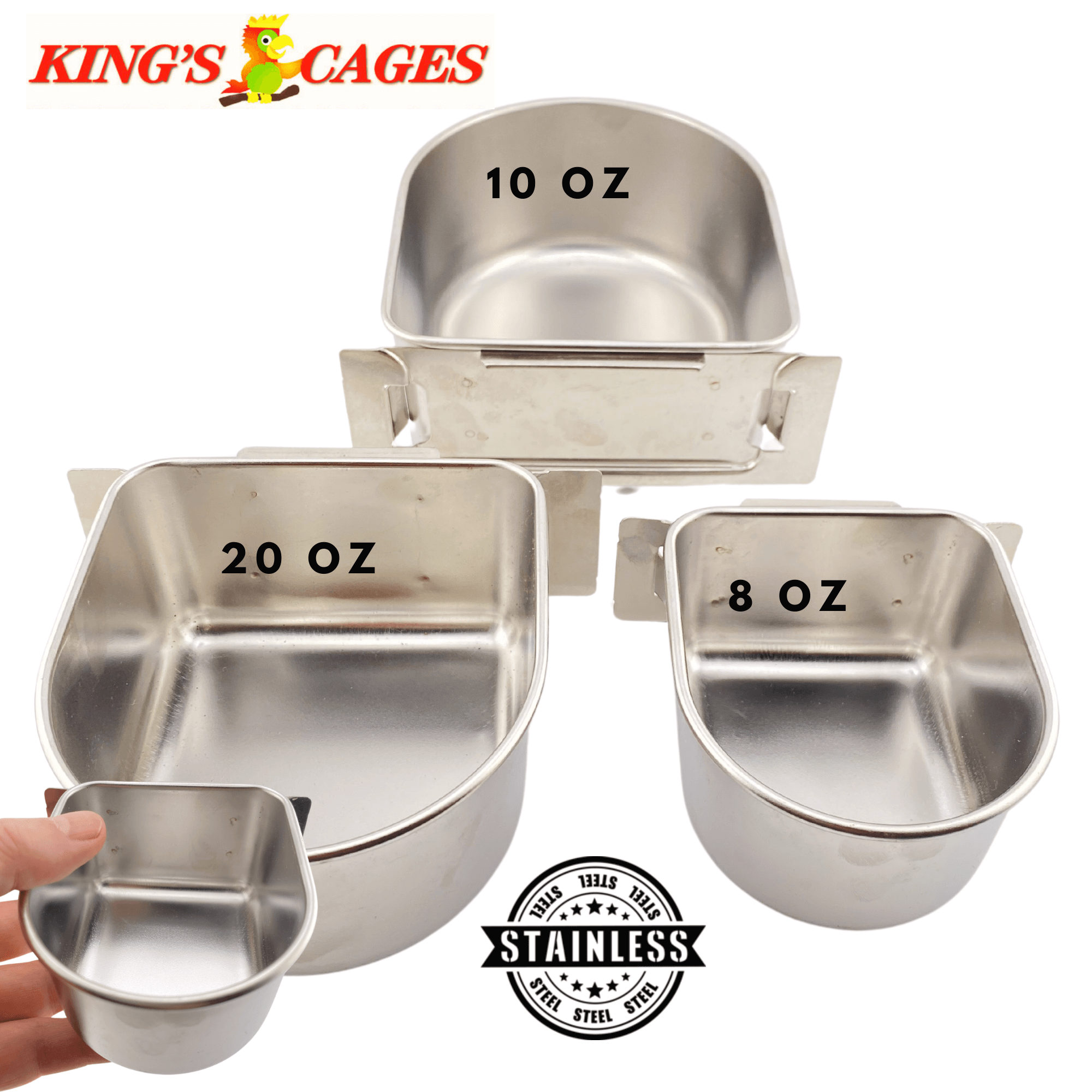 Kings Cages Stainless Steel "D" Cups 8-10-20 Ounce Treat-Seed-Water Feeders - Bonka Bird Toys