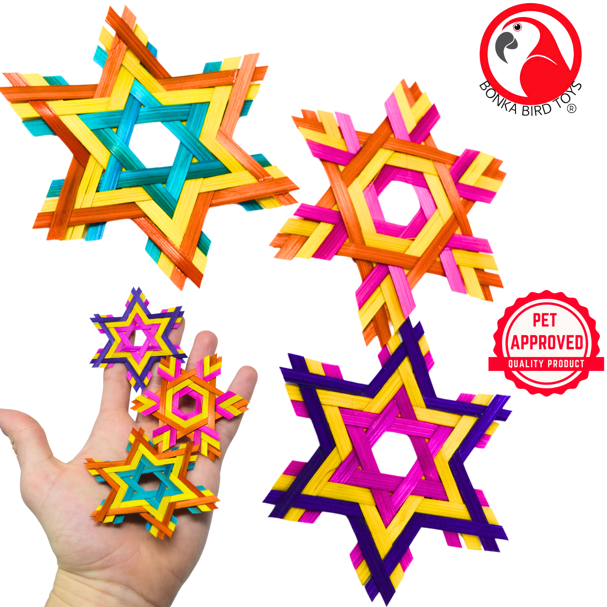 Natural and Colored PK 3 Six Point Star - Bonka Bird Toys