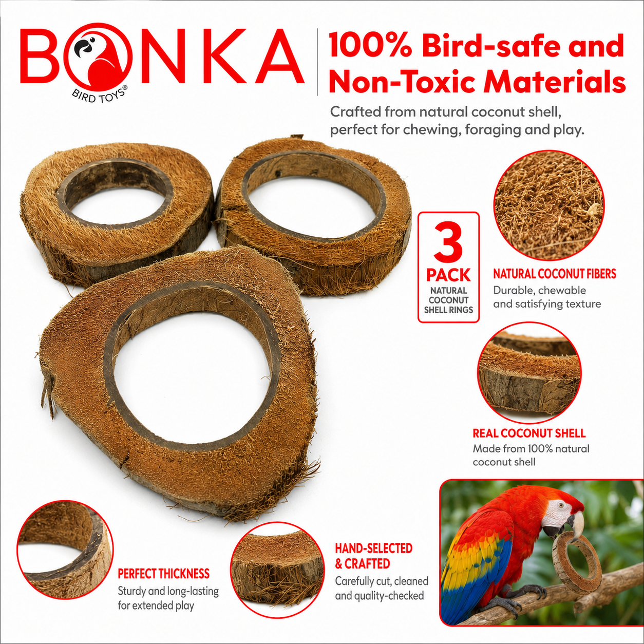 Natural coconut shell rings for parrot toys, chewable and foraging enrichment, made from 100% bird-safe materials