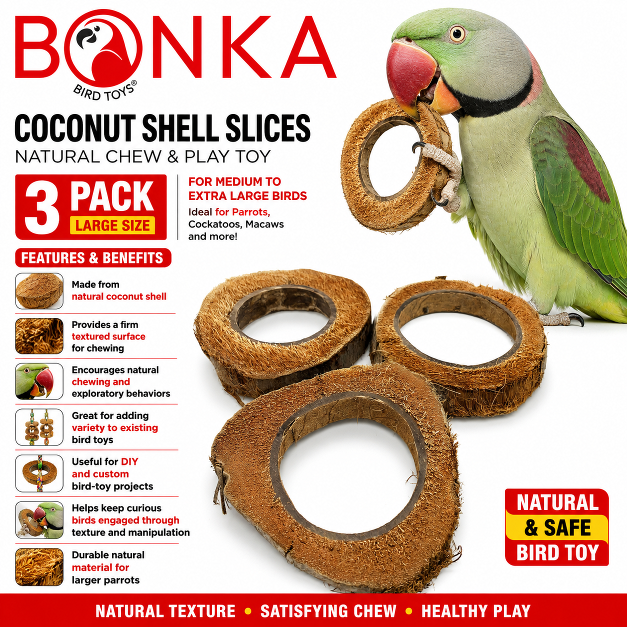 Coconut shell slice bird toy for parrots, natural chewable ring with textured surface, safe enrichment for medium to large birds
