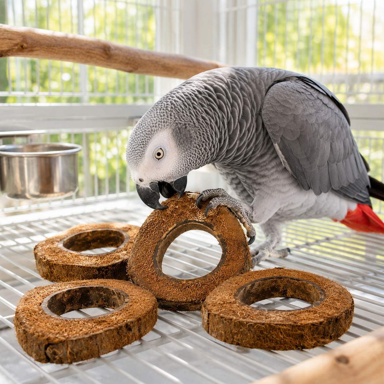 African Grey parrot chewing natural coconut fiber bird toy rings inside cage