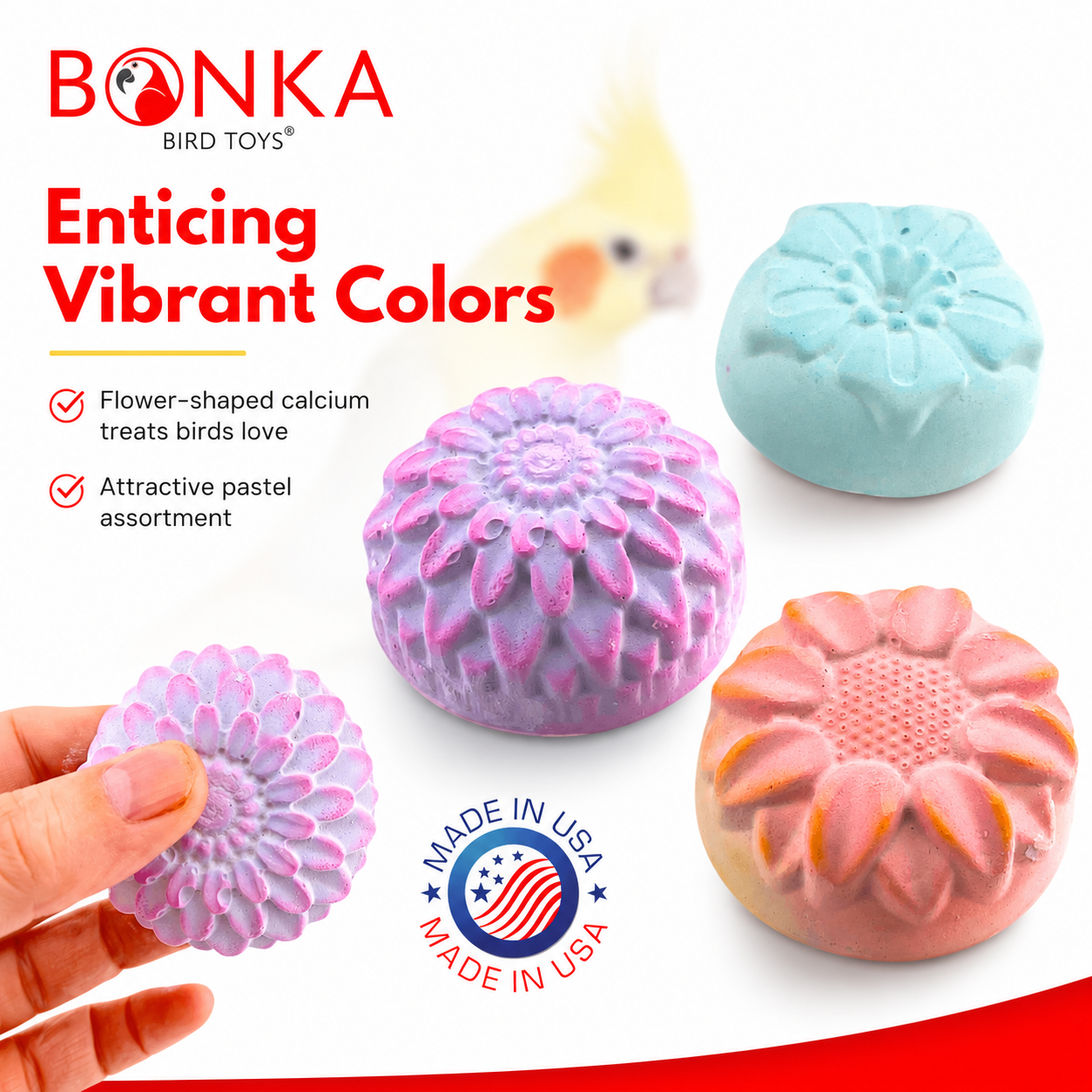 Flower-shaped calcium bird treats in pastel pink, purple, blue, and orange for parrot enrichment