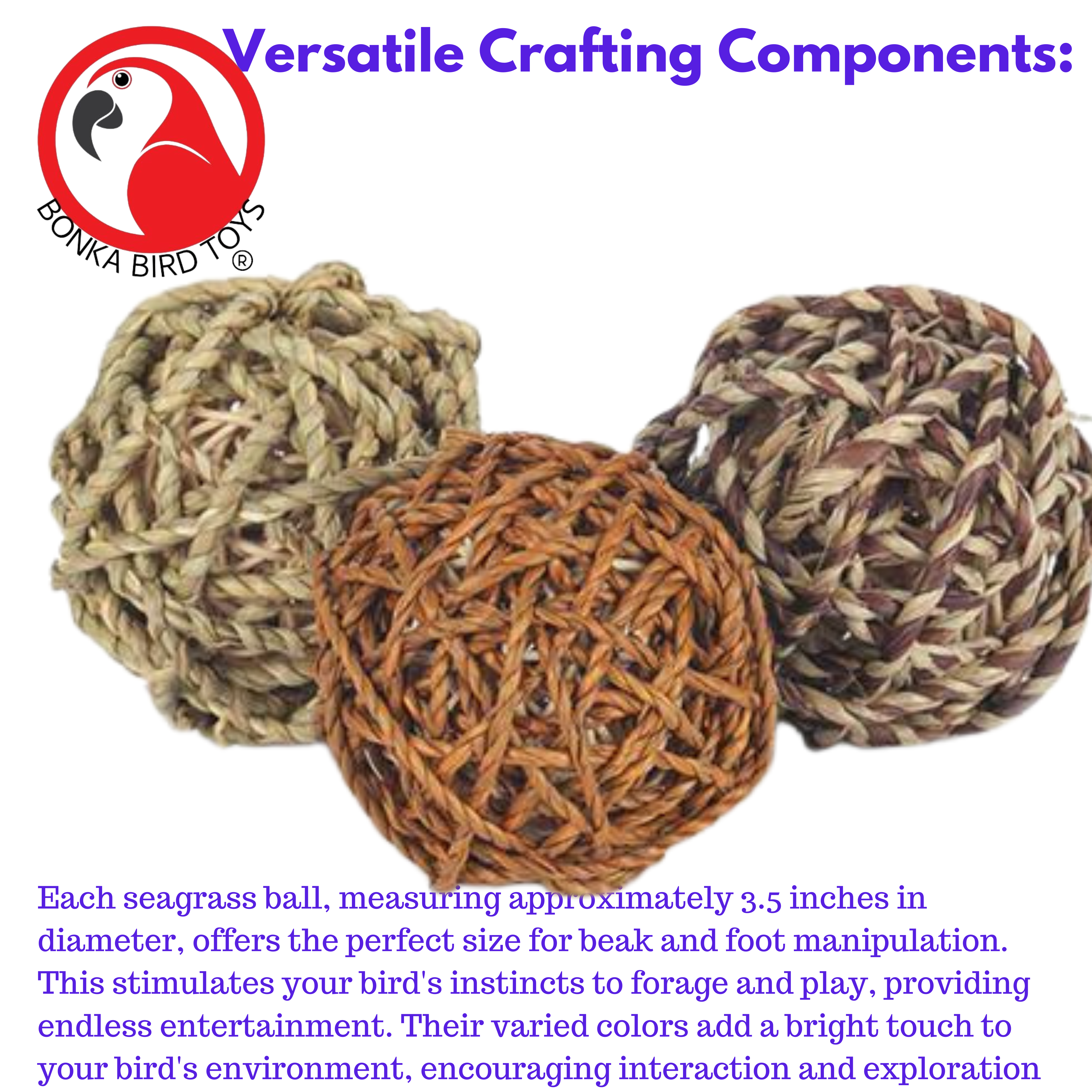 2252 Pk3 Multi Seagrass 3 1/2 Inch Balls - Bonka Bird Toys