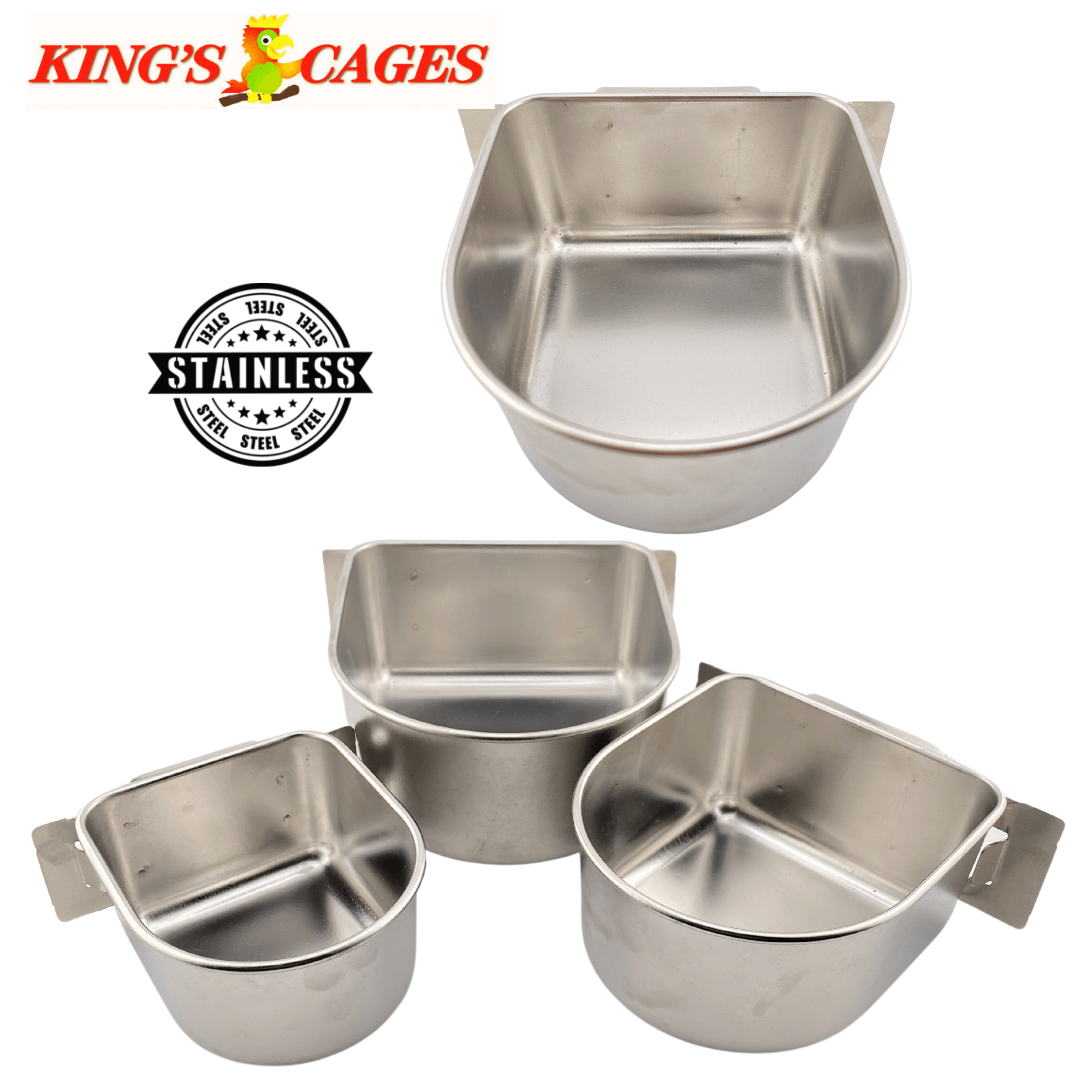 Kings Cages Stainless Steel "D" Cups 8-10-20 Ounce Treat-Seed-Water Feeders - Bonka Bird Toys