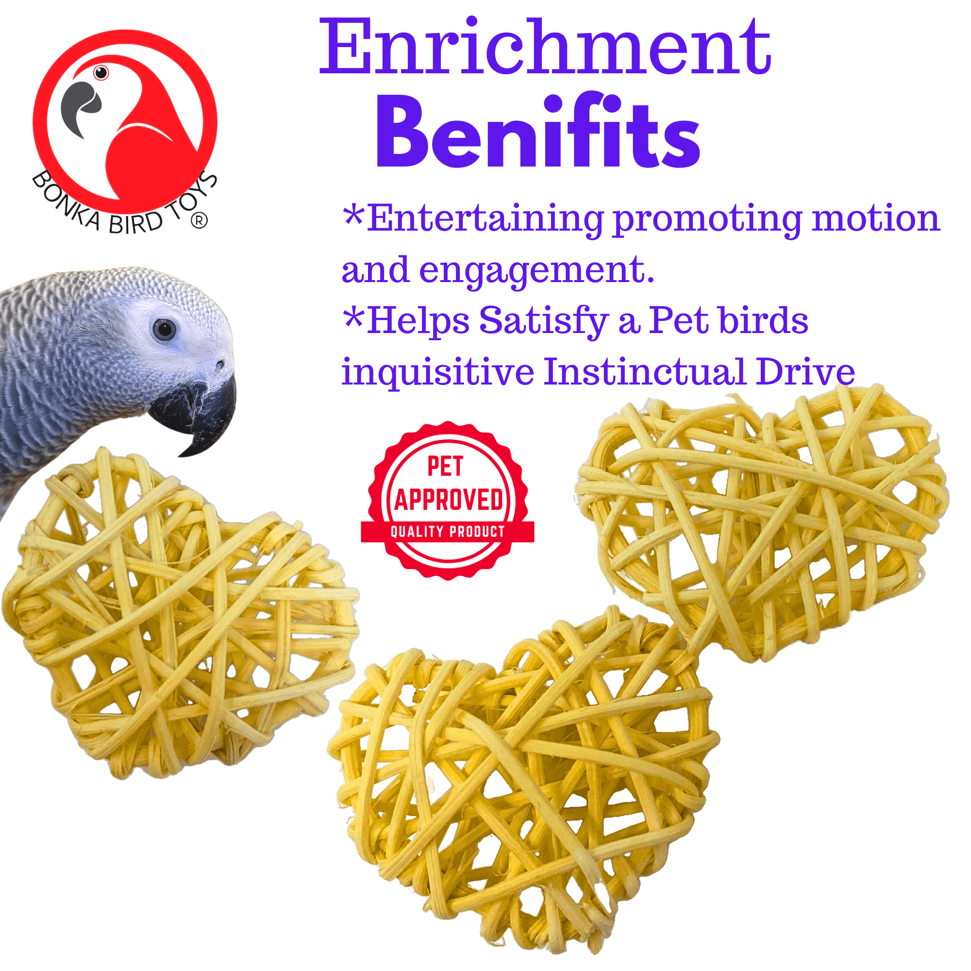 PK3 Colored or Natural Puff Vine Hearts - Bonka Bird Toys