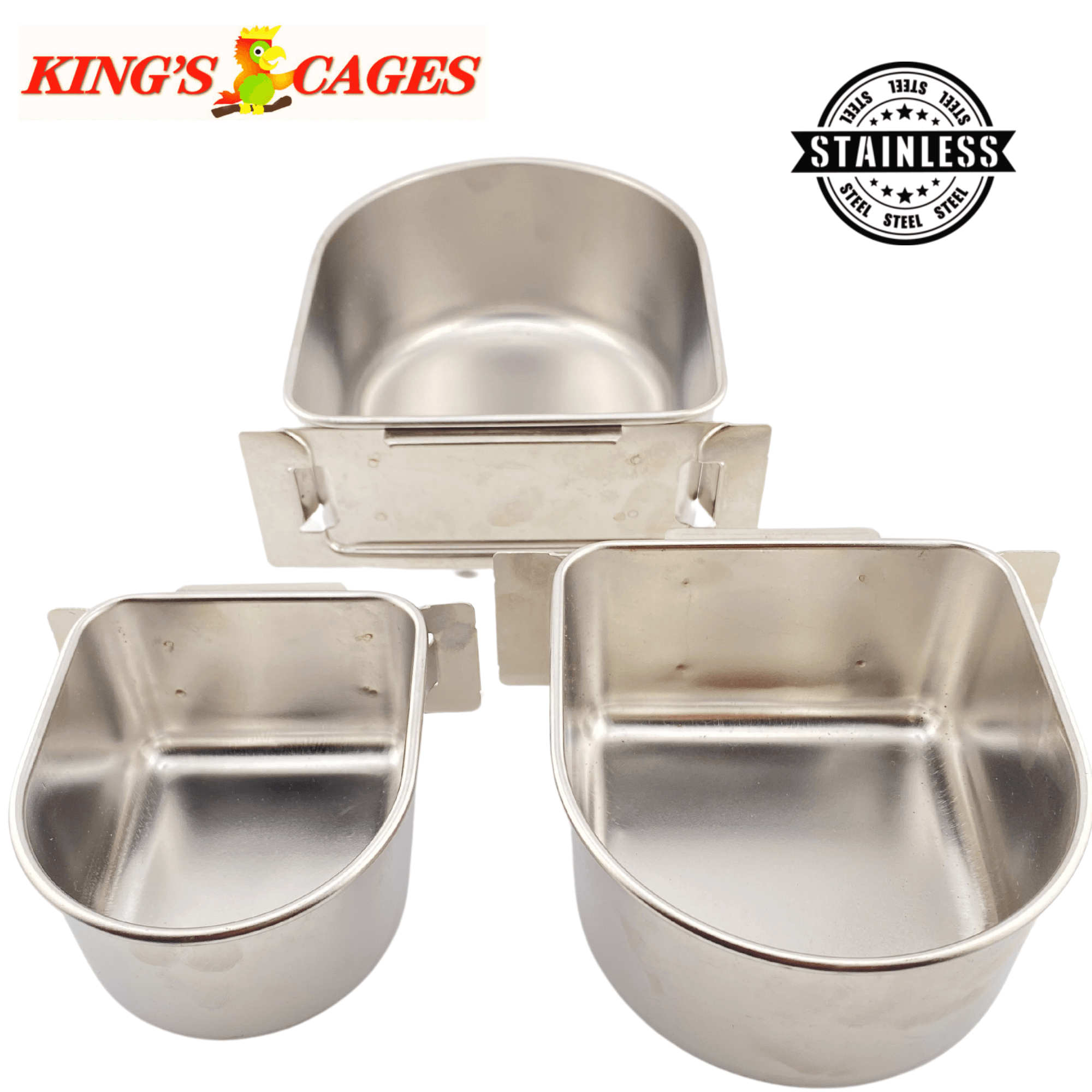 Kings Cages Stainless Steel "D" Cups 8-10-20 Ounce Treat-Seed-Water Feeders - Bonka Bird Toys