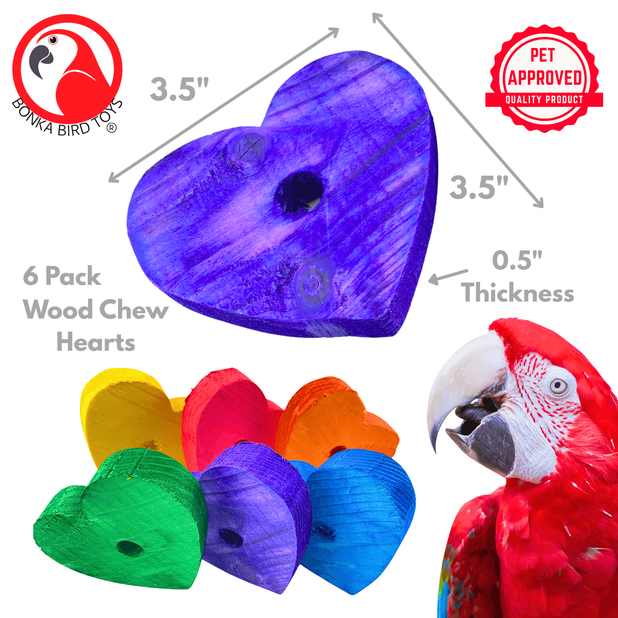 980 Pk6 Colored Huge Wood Hearts - Bonka Bird Toys