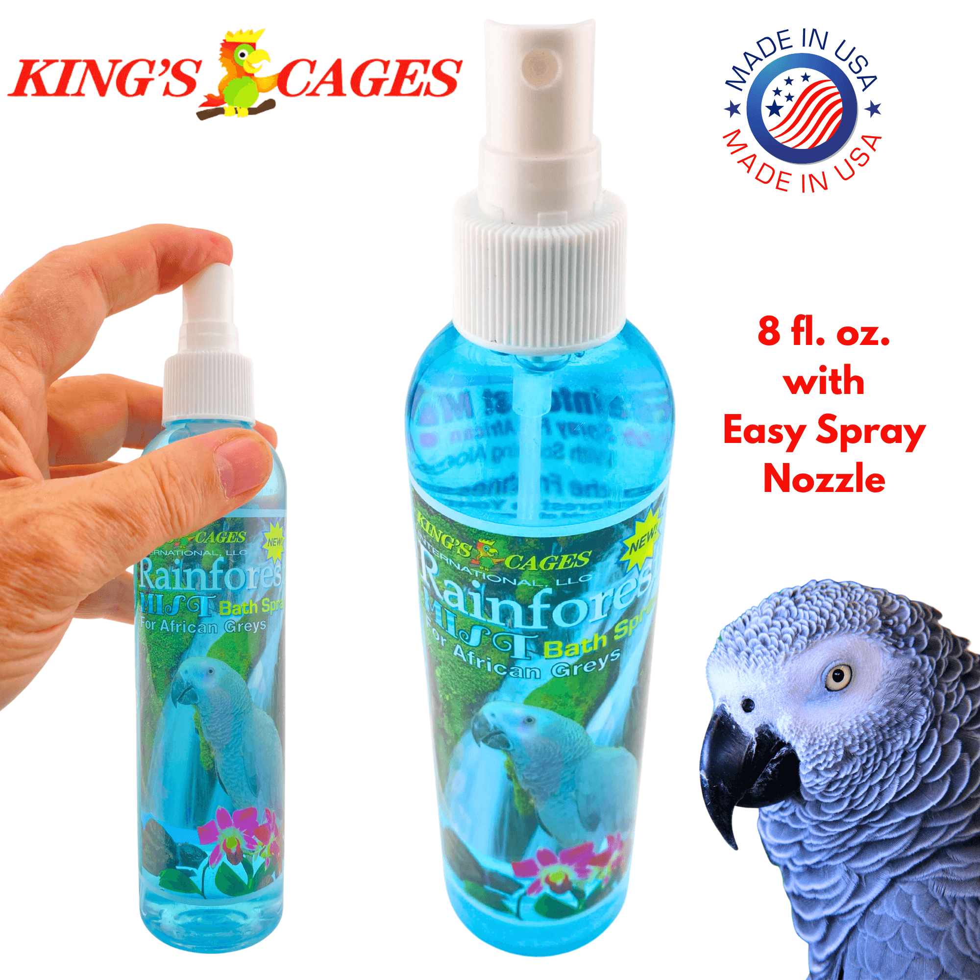 Kings Cages Blue Rainforest Mist Bath Spray for African Greys 8 oz - Bonka Bird Toys