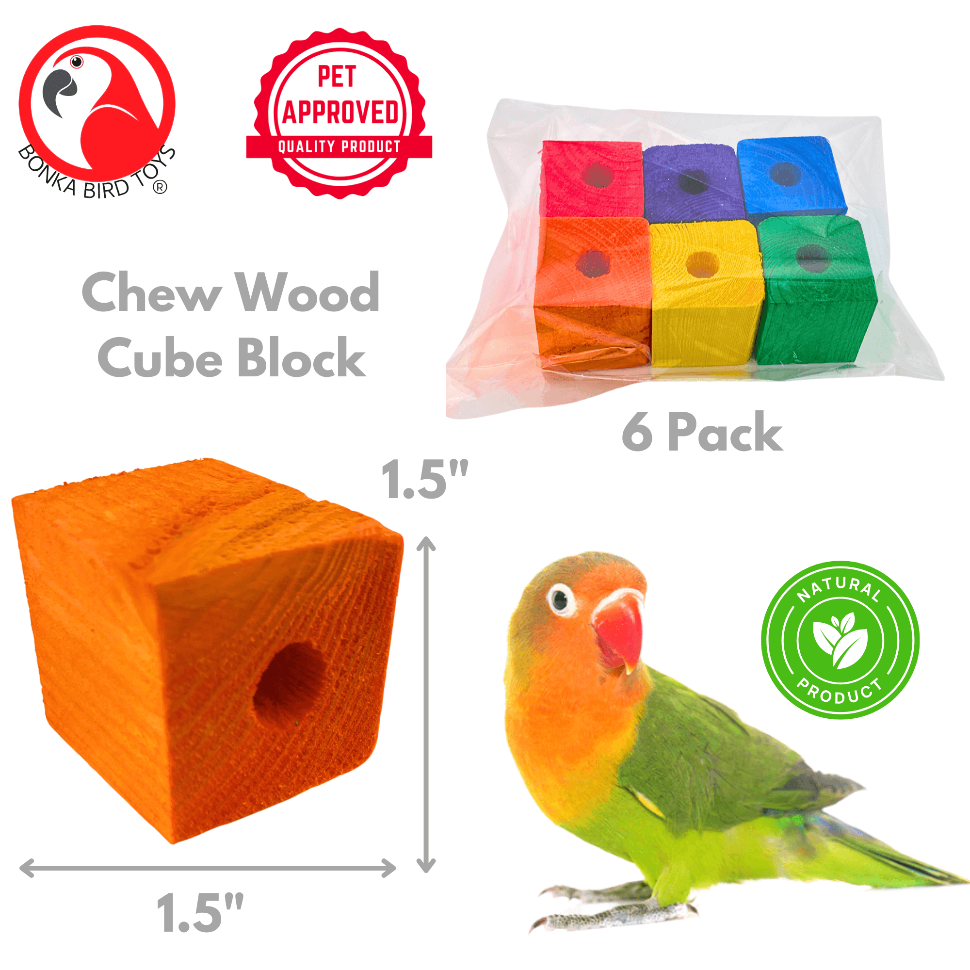 1154 Pk6 1.50" Drilled Cube Block - Bonka Bird Toys
