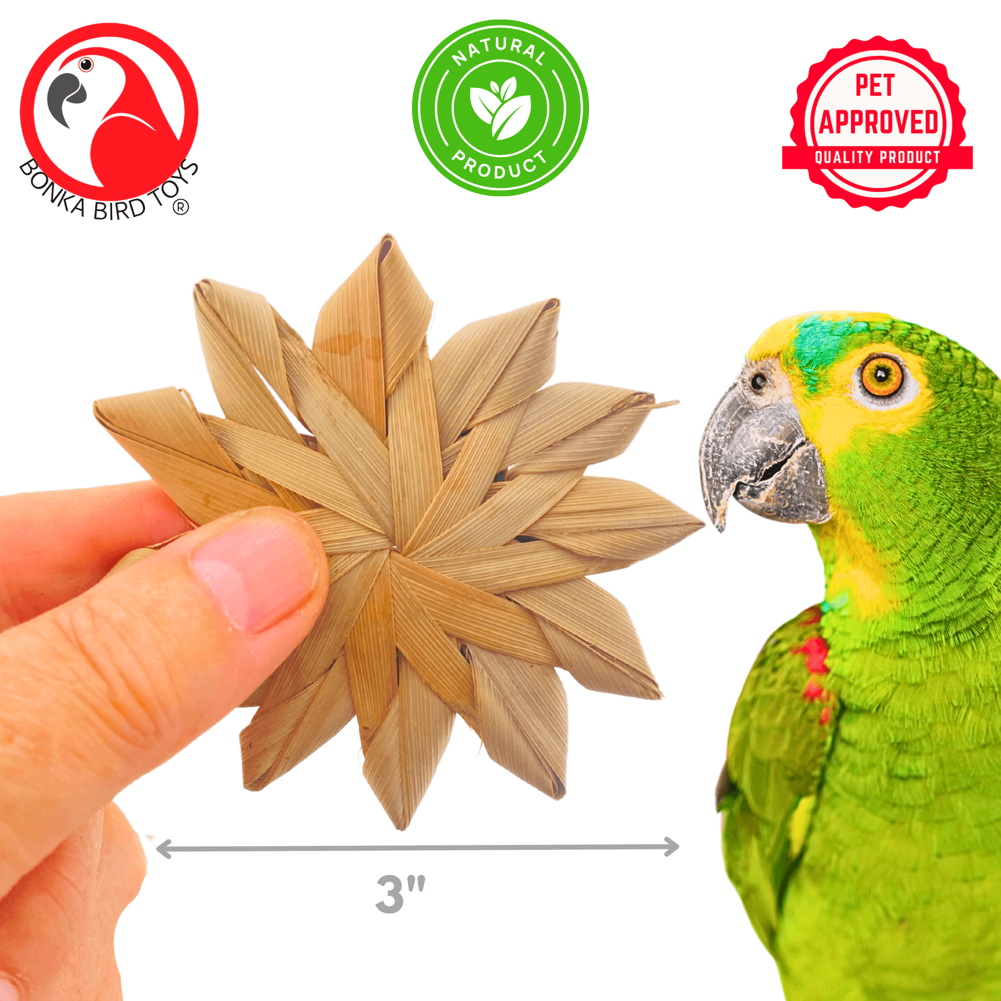 1271 Pk3 Woven 3" Palm Flowers - Bonka Bird Toys