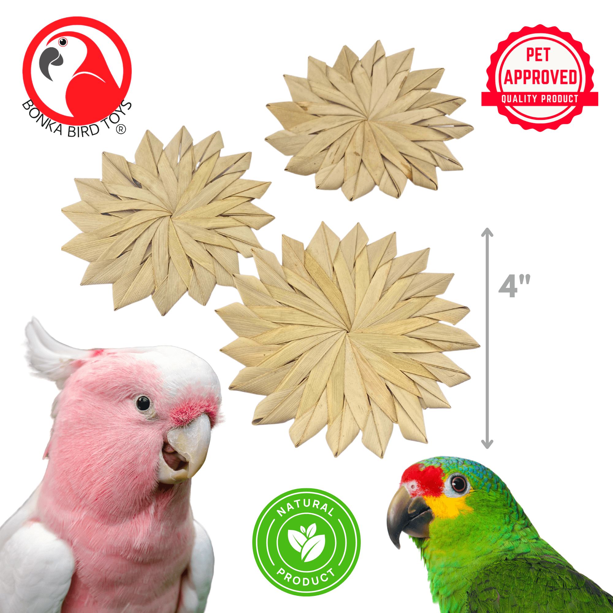 3347 Pk3 Large 4" Woven Palm Leaf Flowers - Bonka Bird Toys
