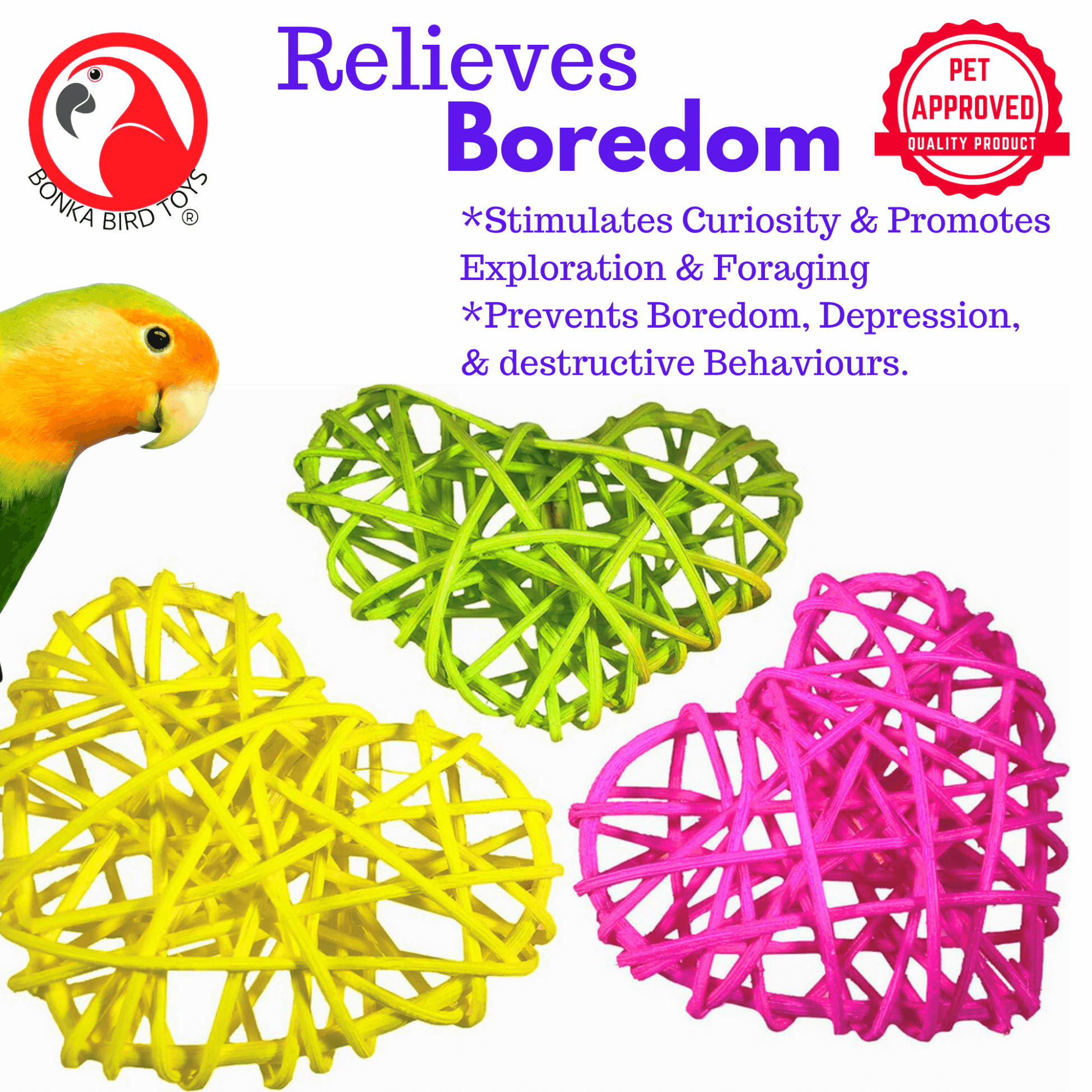 PK3 Colored or Natural Puff Vine Hearts - Bonka Bird Toys